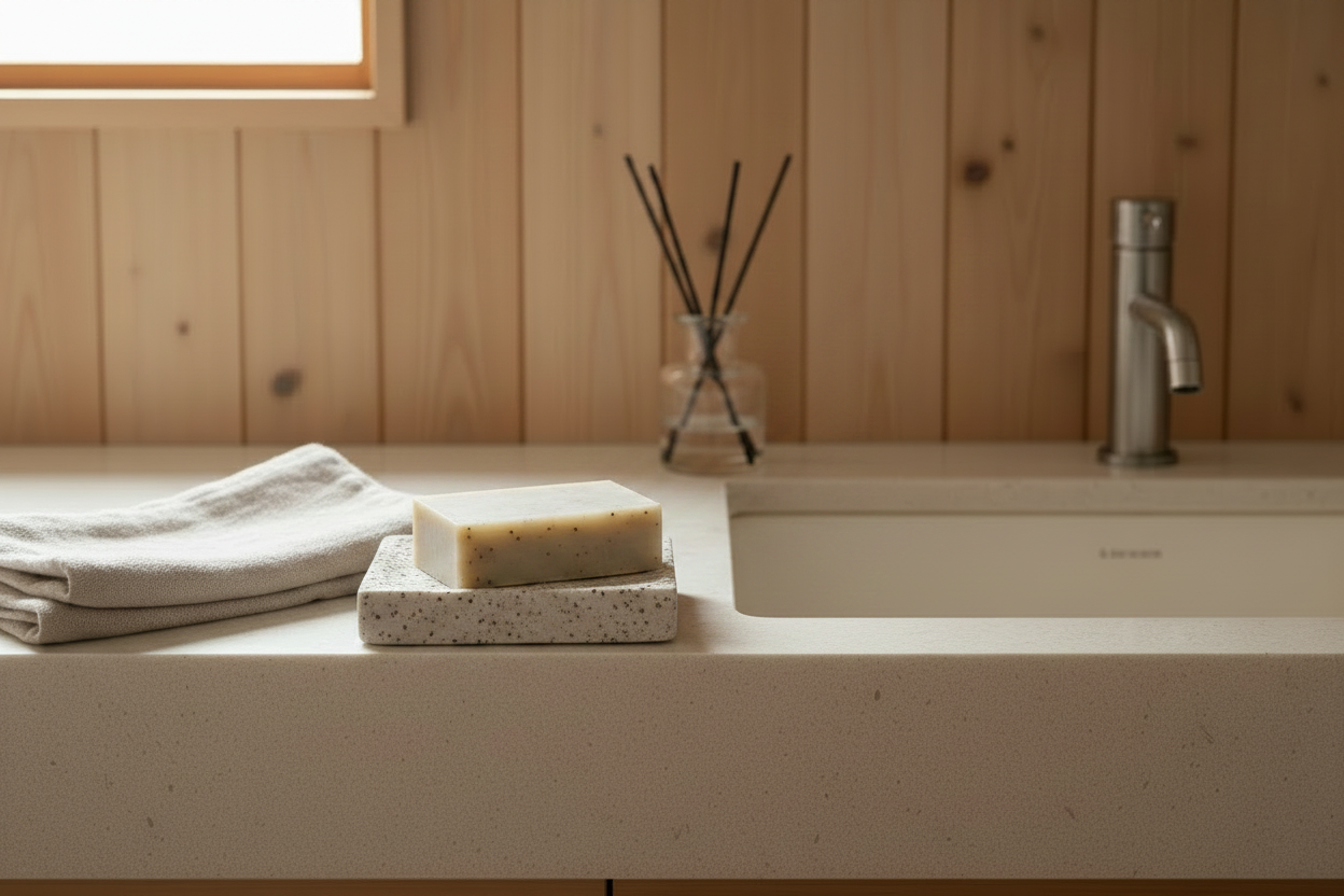 Bar of soap on a stone surface with a wooden wall and faucet in the background