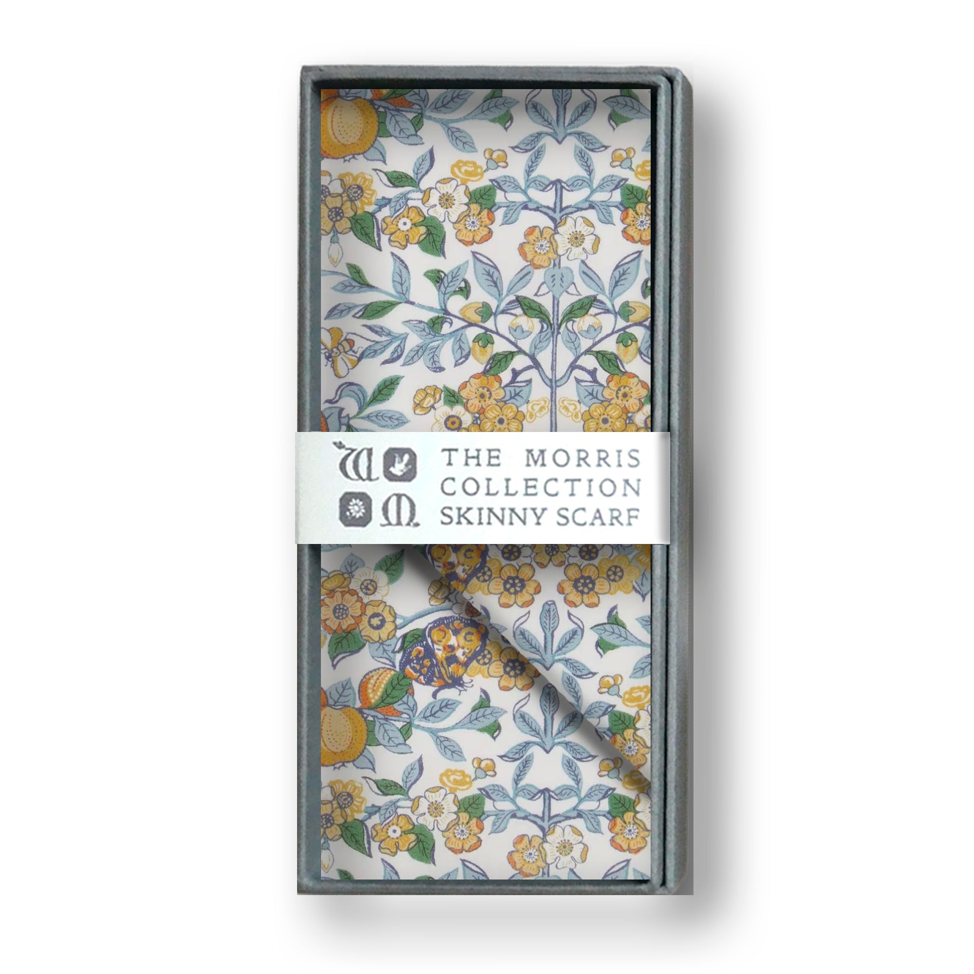 Botanical fabric scarf in grey box with “The Morris Collection” branding.