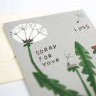 Card with illustrations of dandelion clocks and text 'Sorry for your loss' on a grey background