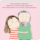 Illustration of a couple hugging with a humorous quote about a soulmate on a pink background