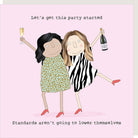 Cartoon of two women celebrating with champagne and a bottle labeled 'Fizz' on a pink background.