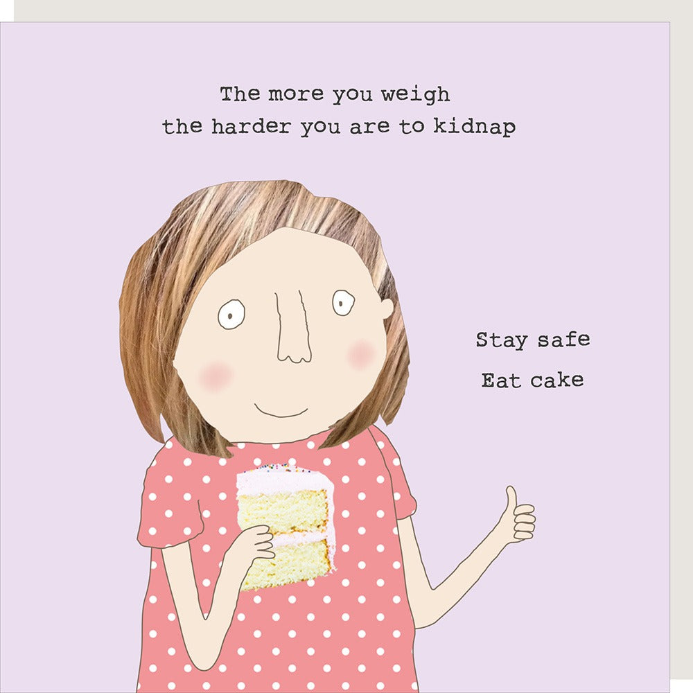 Illustration of a girl in a polka dot dress holding a cake with humorous text on a light purple background.