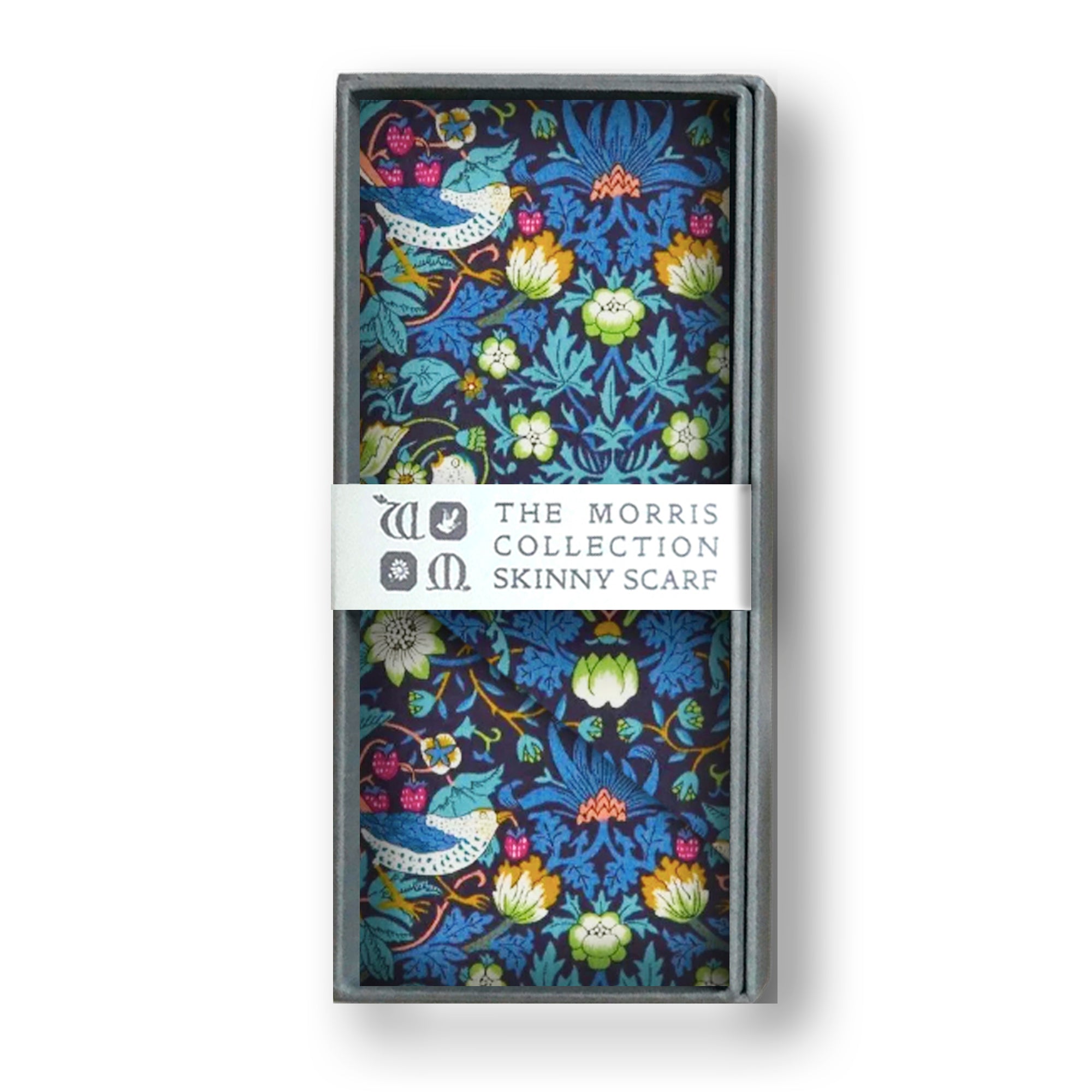Packaged scarf with floral and bird design and 'The Morris Collection' branding.