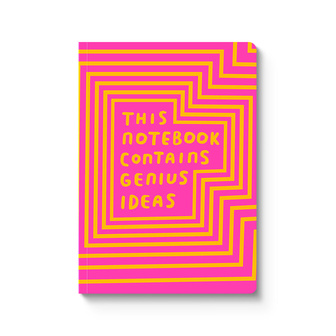 Notebook with pink and yellow geometric design and text on a white background