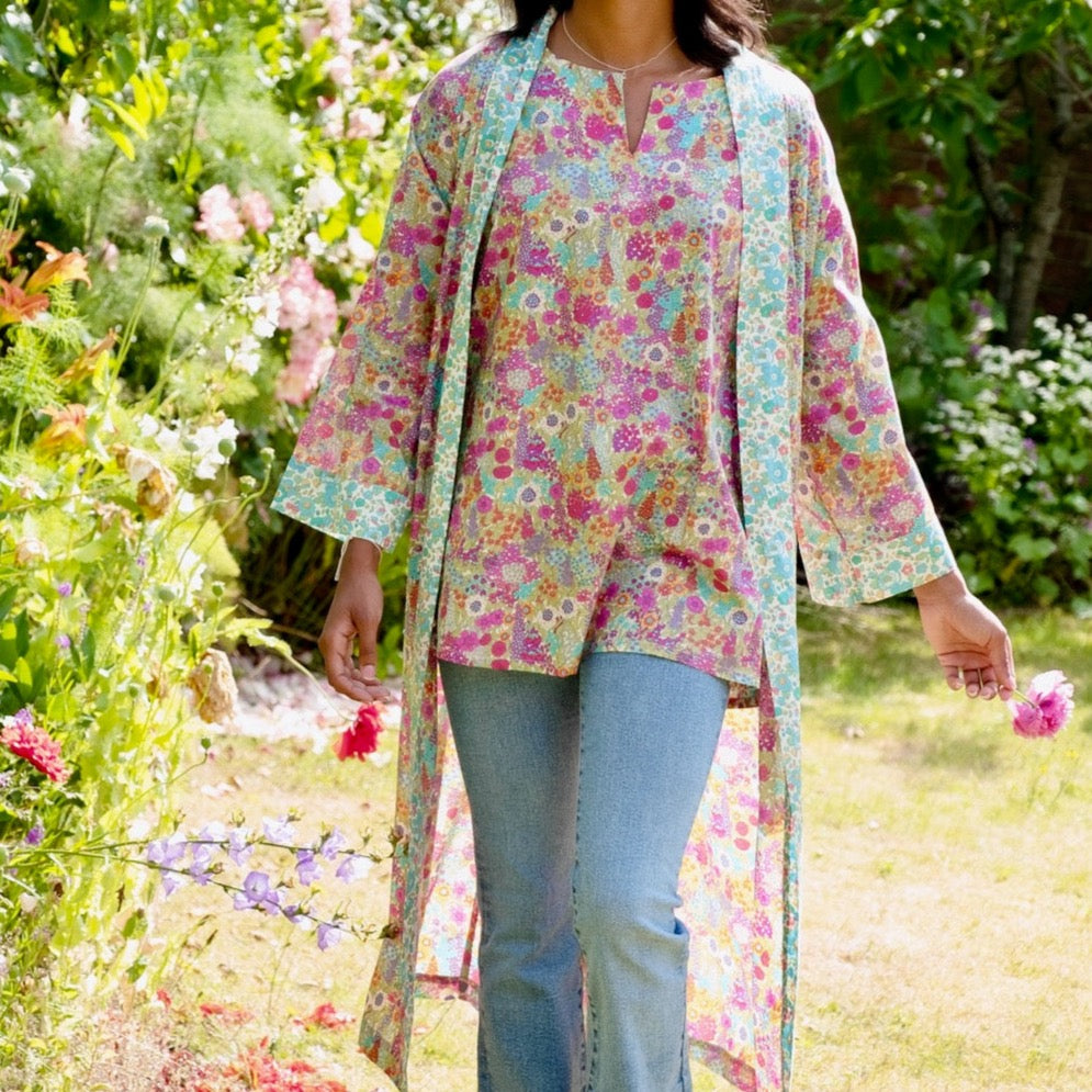 NEW Long Kimono Robe Lime Ciara - Made with Liberty Fabric