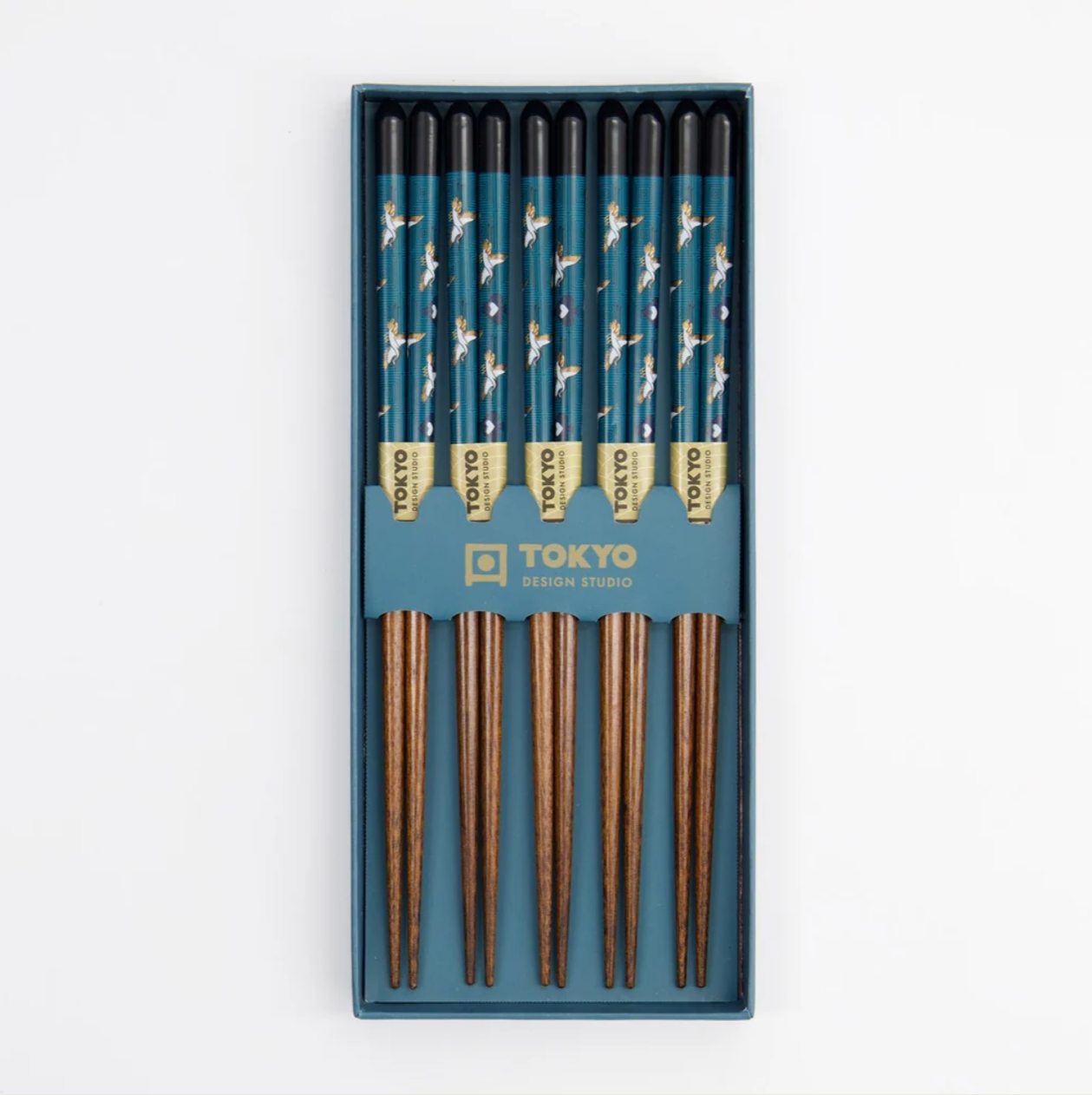 a box set of 5 pairs of chopsticks featuring a crane design