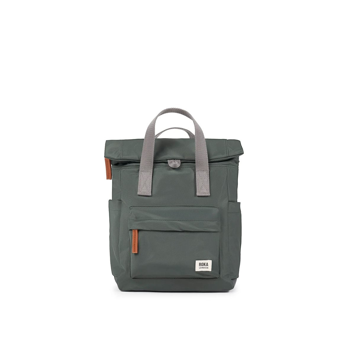 Green backpack with grey straps on a white background