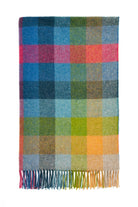 Multicolored checkered blanket with fringes on a white background