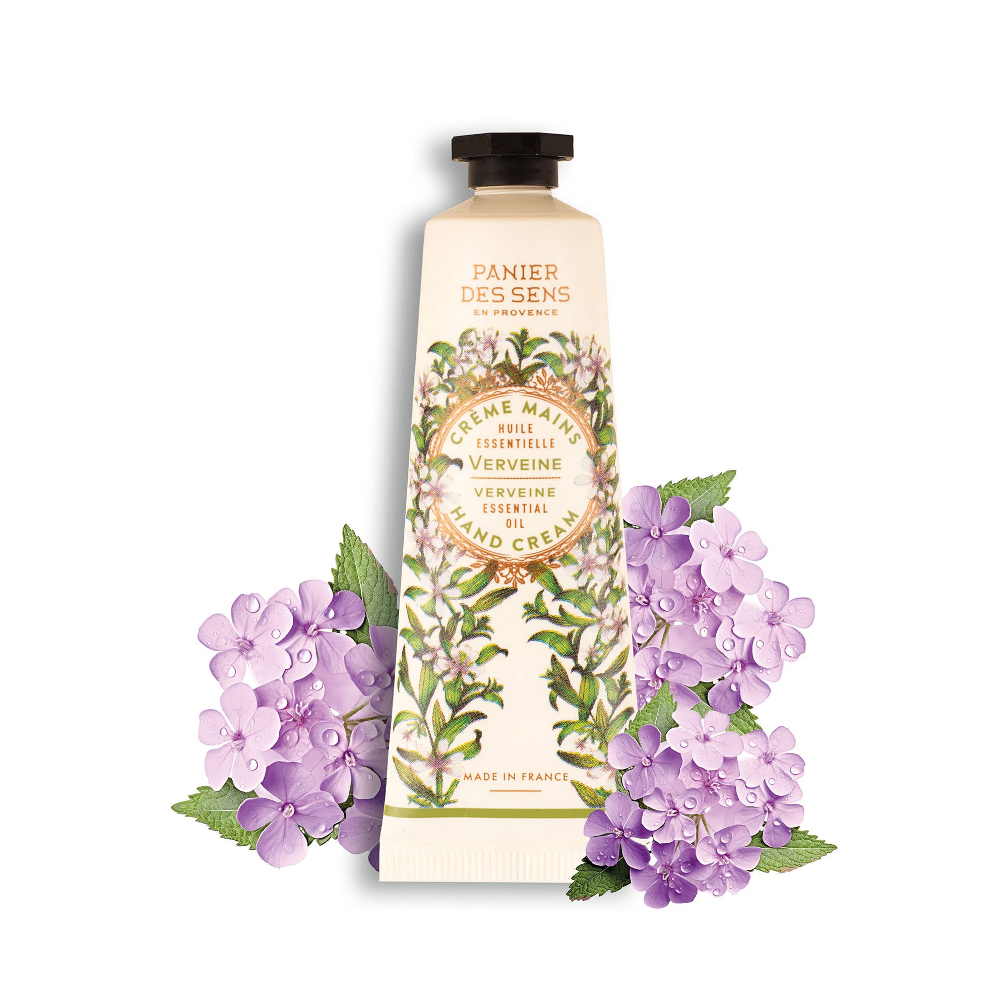 Hand cream with floral design and lavender flowers on a white background