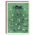 Vintage-style card with illustrations of rugby players in action on a green field