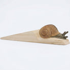 Decorative snail carving on a wooden door stop