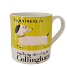 Mug with a design of a white dachshund dog and text 'happiness is walking the dog in Collingham' on a yellow background.