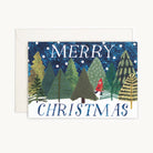Christmas card with trees and a person in a red coat on a blue snowy background