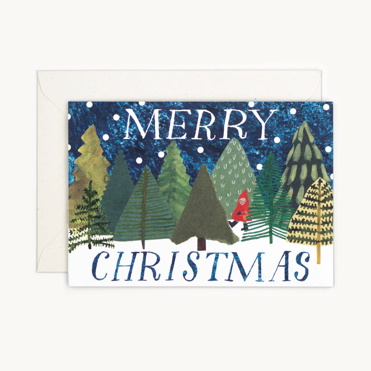 Christmas card with trees and a person in a red coat on a blue snowy background
