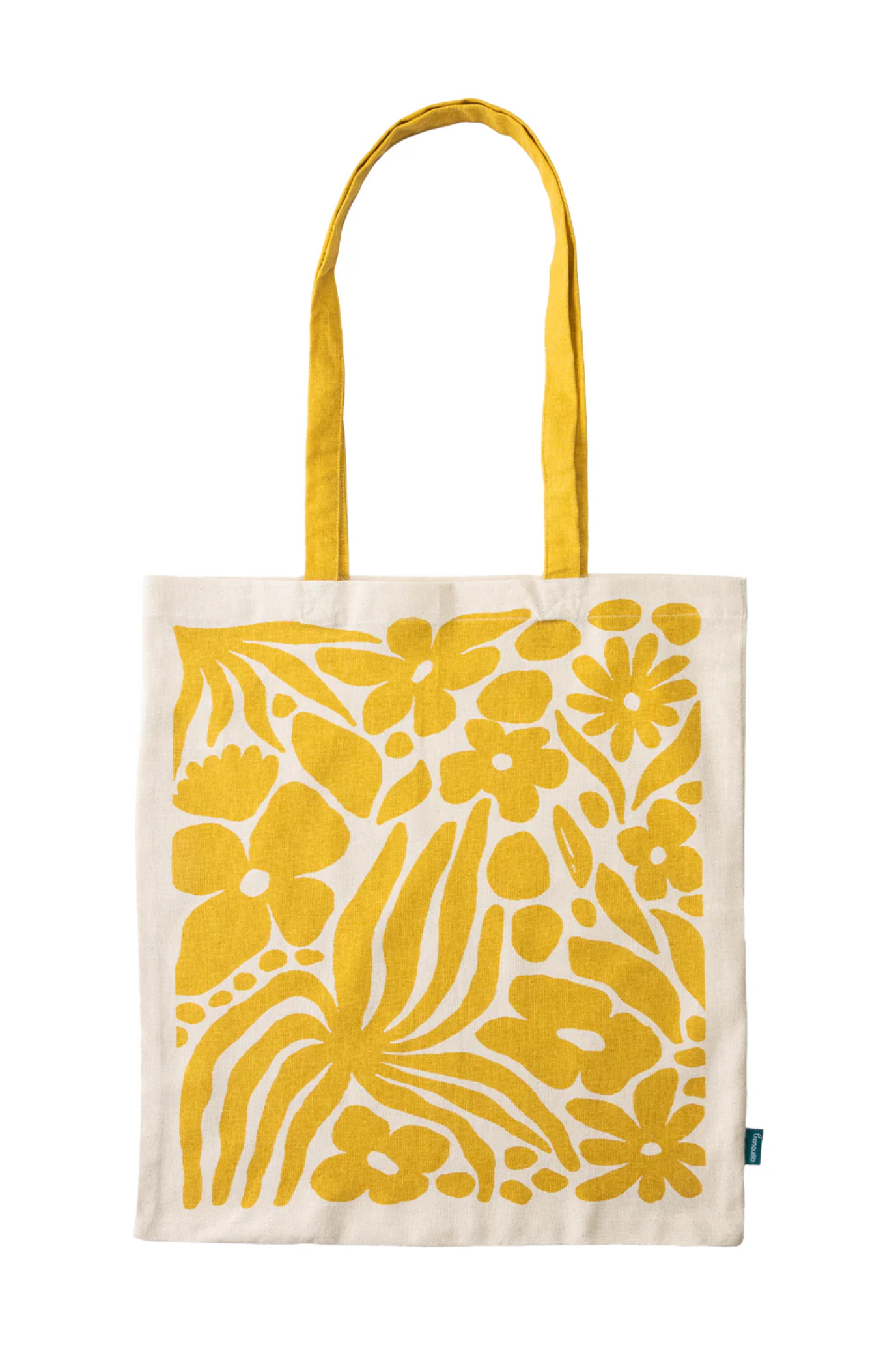 Tote bag with yellow floral pattern on a white background