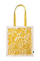 Tote bag with yellow floral pattern on a white background