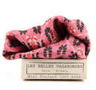 Pink floral scarf with 'Les Belles Vagabondes' packaging on a white background