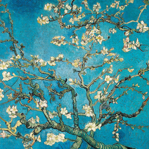 painting of white blossom on almond tree branches against a blue background