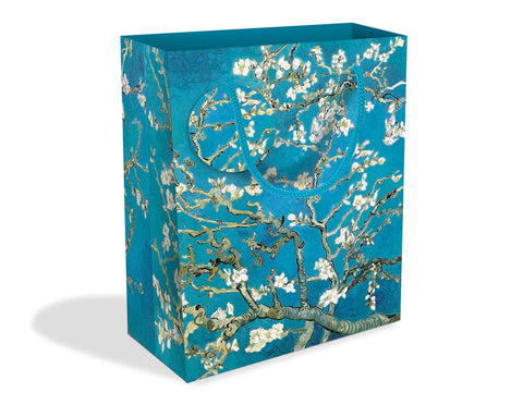 Short rectangular gift bag with white blossom against a blue background