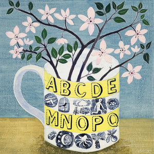 painting of a mug with yellow stripes and the beginning of the alphabet on, with pale pink flowers coming out of the top. The background is blue