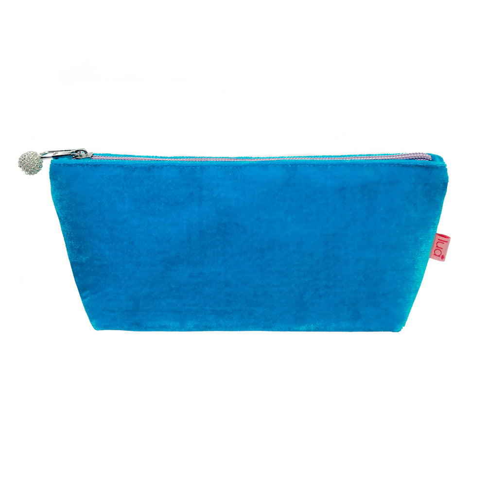 photo of a bright aqua blue velvet pouch with lavender purple zip and beaded zip pull, on a white background