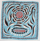 Decorative fabric square with a floral pattern on a light blue background