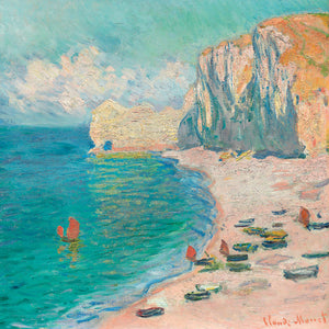 Impressionist painting of a beach with bright blue sea, white cliffs and pinkish sand. There are many boats too