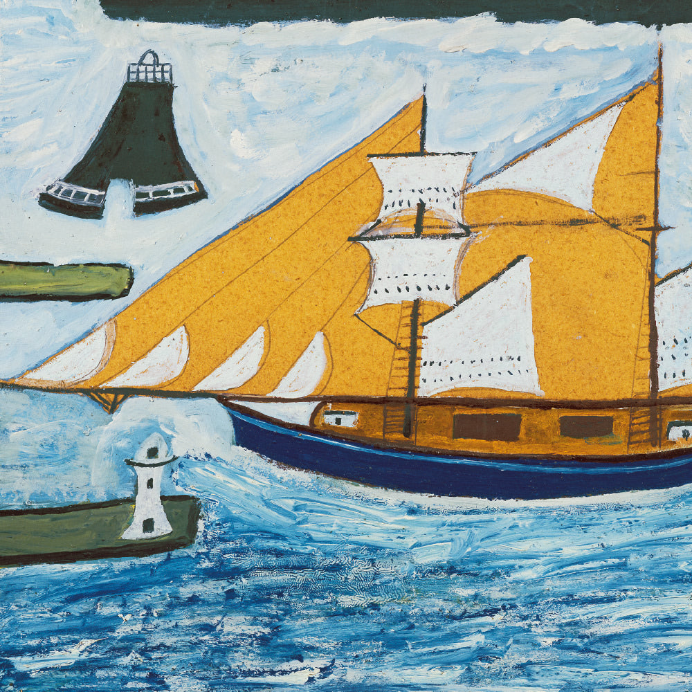painting of a blue boat with yellow sails on a blue sea with a green lighthouse