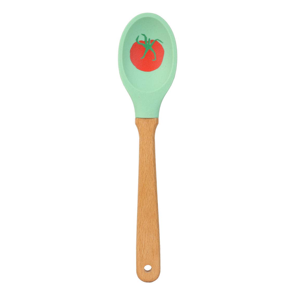 Spatula with green head and wooden handle on a white background