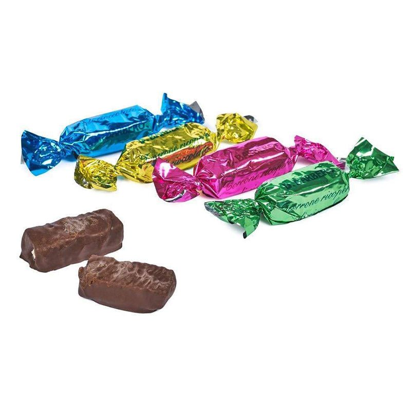 Colorful wrapped candies and two unwrapped chocolate bars on a white background