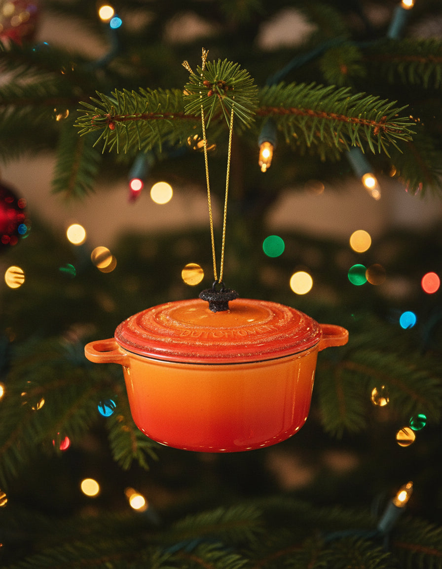 Red enameled cast iron pot with a lid on a white background