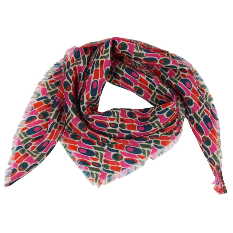 A lightweight square scarf with a colorful mid-century modern abstract pattern, featuring fringed edges, displayed on a clean white background.