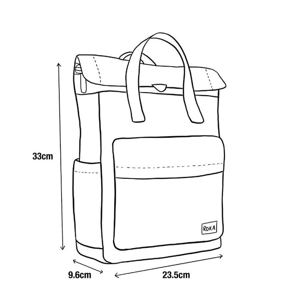 Diagram showing the dimensions of a small backpack. The height is 33 centimetres, the depth is 9.6 centimetres and the width is 23.5 centimetres.