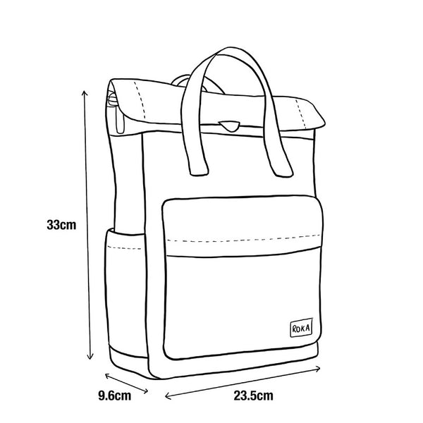 Diagram showing the dimensions of a small backpack. The height is 33 centimetres, the depth is 9.6 centimetres and the width is 23.5 centimetres.