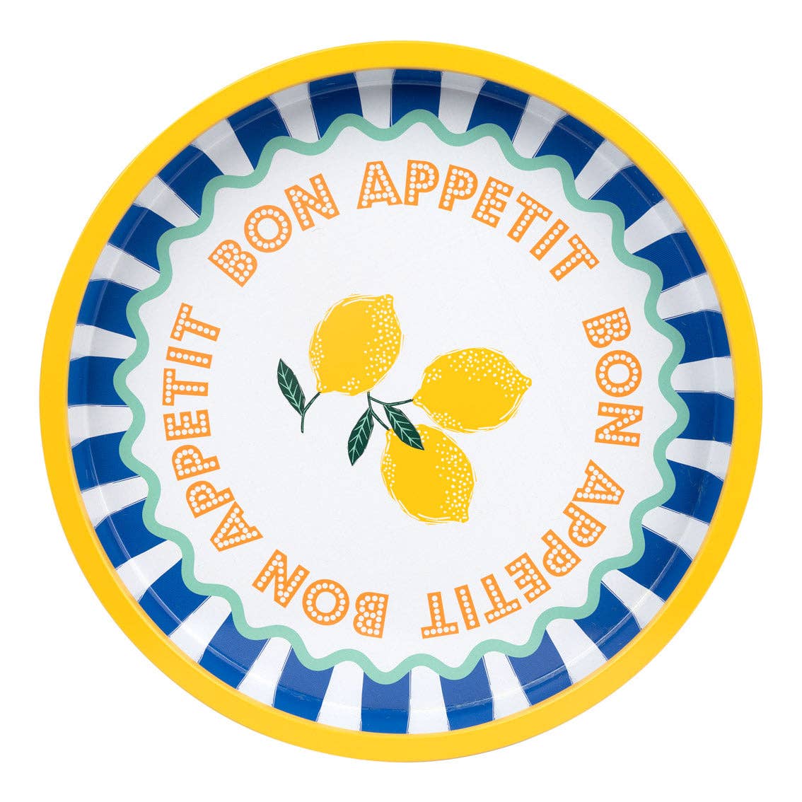 Round plate with 'Bon Appetit' text and lemon design on a white background