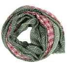 A lightweight infinity scarf with a green base featuring white circular mandala patterns and alternating pink and red geometric border stripes, displayed on a clean white background. 