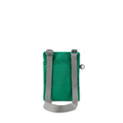A photo of the back of a small rectangular emerald green pocket bag. It has a pocket and grey straps.