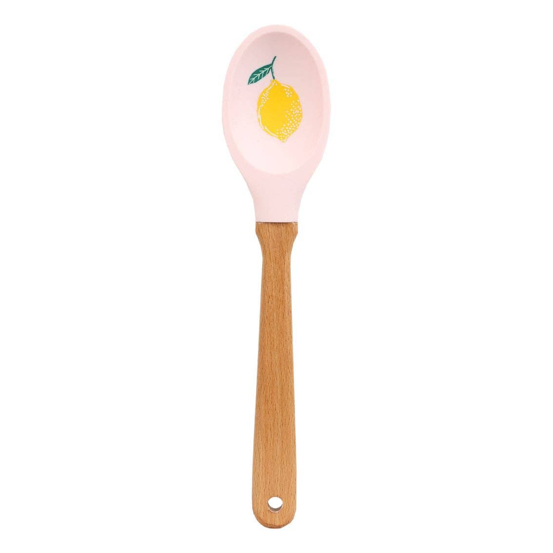 Spoon with pink handle and wooden handle on a white background