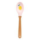 Spoon with pink handle and wooden handle on a white background