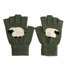 A pair of olive green fingerless knit gloves with a knitted sheep design on the back of each hand, shown against a plain white background.
