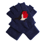 A pair of navy blue knit fingerless gloves featuring a knitted robin bird design on the back of one glove, set against a plain white background.