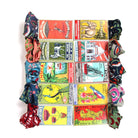 Collection of vintage matchbox labels arranged in a grid with decorative ribbons on a white background.