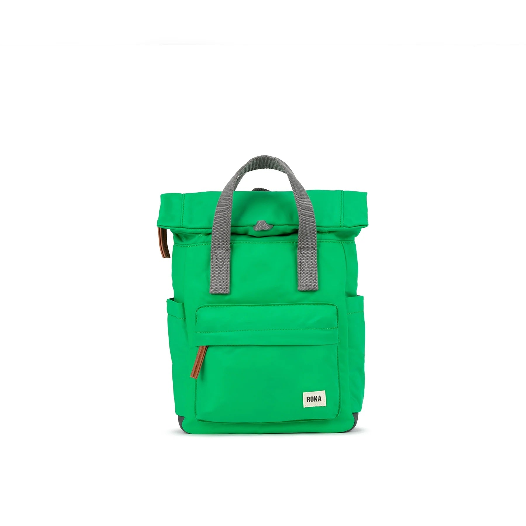 Photo showing the front of a small bright green backpack. There is a large pocket on the front with a brown zip pull, and the handles are grey.