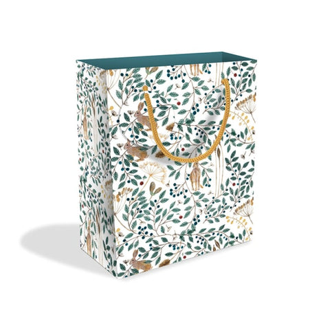 Short rectangular gift bag with a pattern made up of illustrated hares and green leaves and berries against a white background