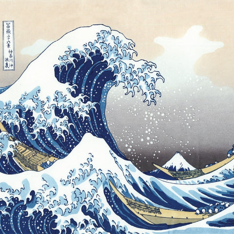 Reproduction of a woodblock print of Hokusai's The Great Wave, which features a large wave with boats and Mount Fuji in the background