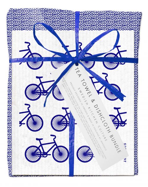 Tea towel and dishcloth bundle with blue bicycle pattern on white background