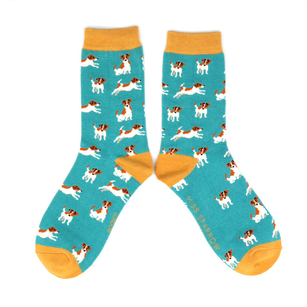 bamboo socks in turquoise with dog design 
