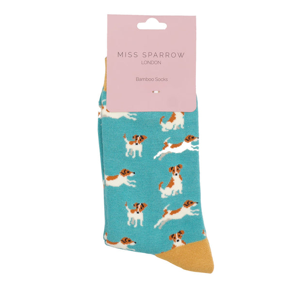 bamboo socks in turquoise with dog design