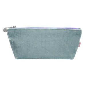 photo of a pale grey velvet pouch with lavender purple zip and grey beaded zip pull, against a white background