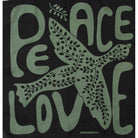 A square black bandana or scarf featuring a sage green graphic print with the words 'PEACE LOVE' and a stylized dove made of leafy branches.